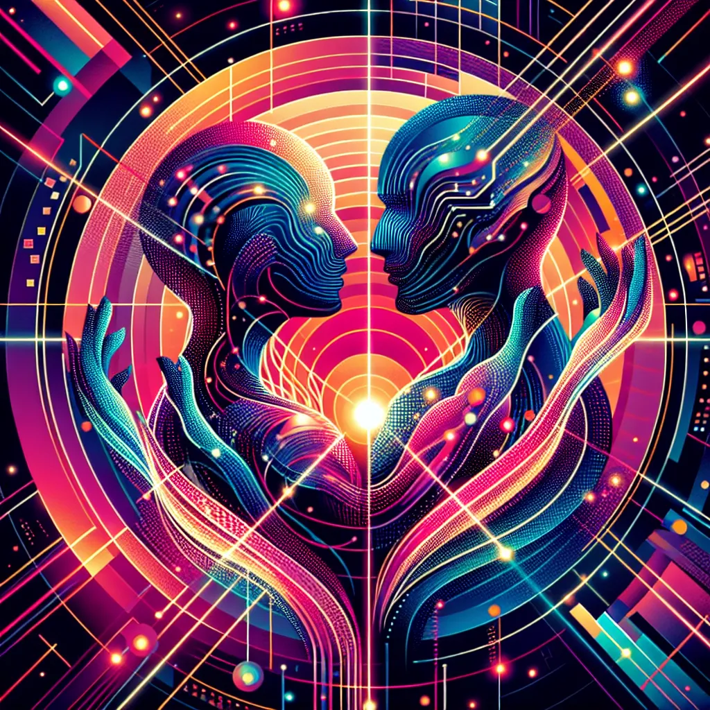 Two stylized figures facing each other inside a glowing neon mandala