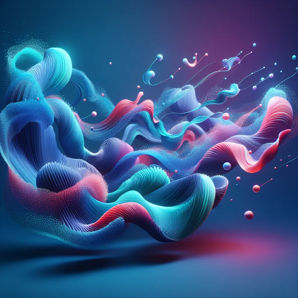 Flowing blue and pink ribbons of light against a deep teal background
