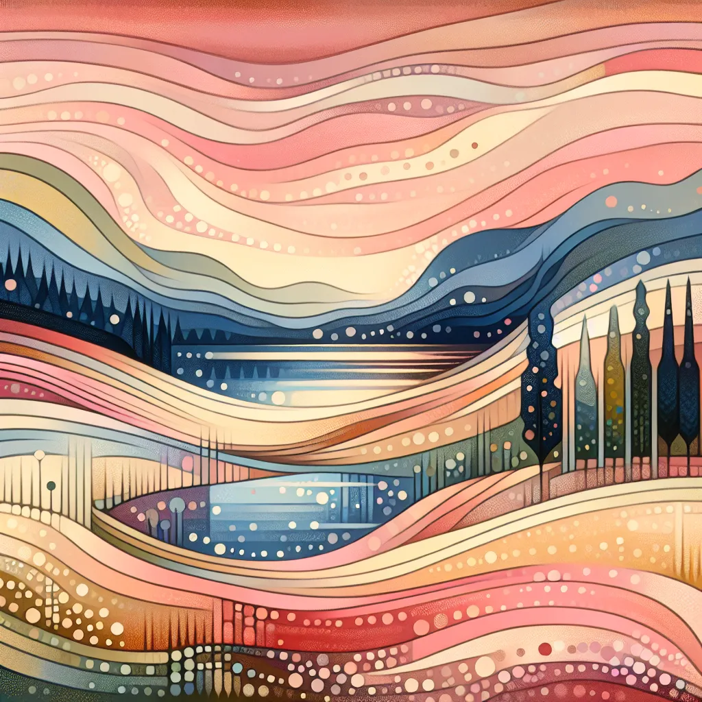 Pastel dotted landscape with soft hills, water, and cypress shapes