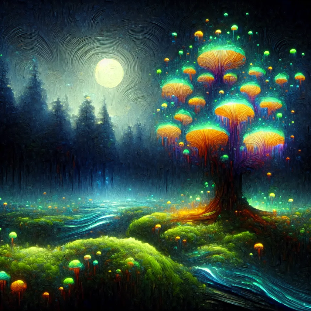Glowing mushroom tree under a full moon in a misty forest