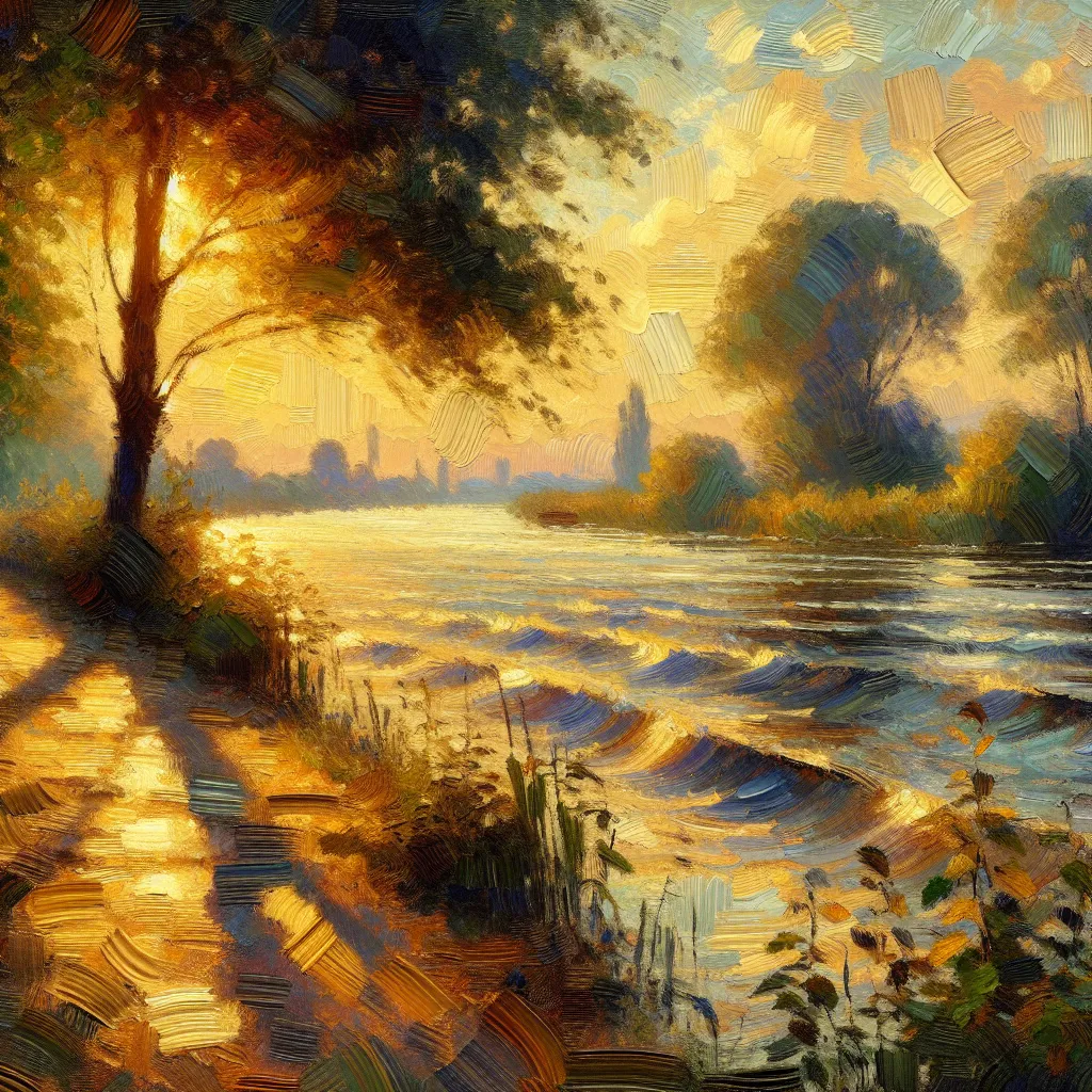 Impressionist oil-painting riverbank at golden hour