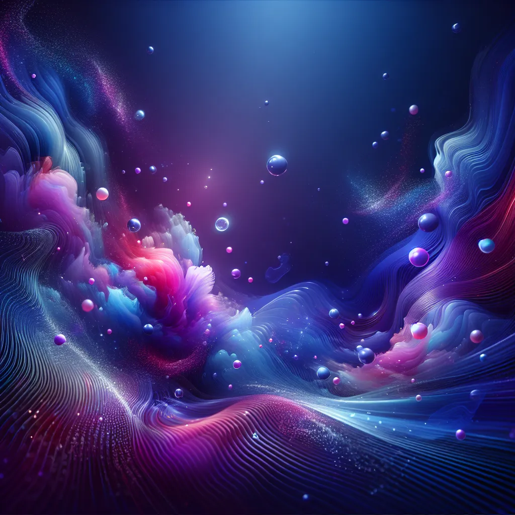 Dreamy waves of blue and pink mist scattered with floating spheres