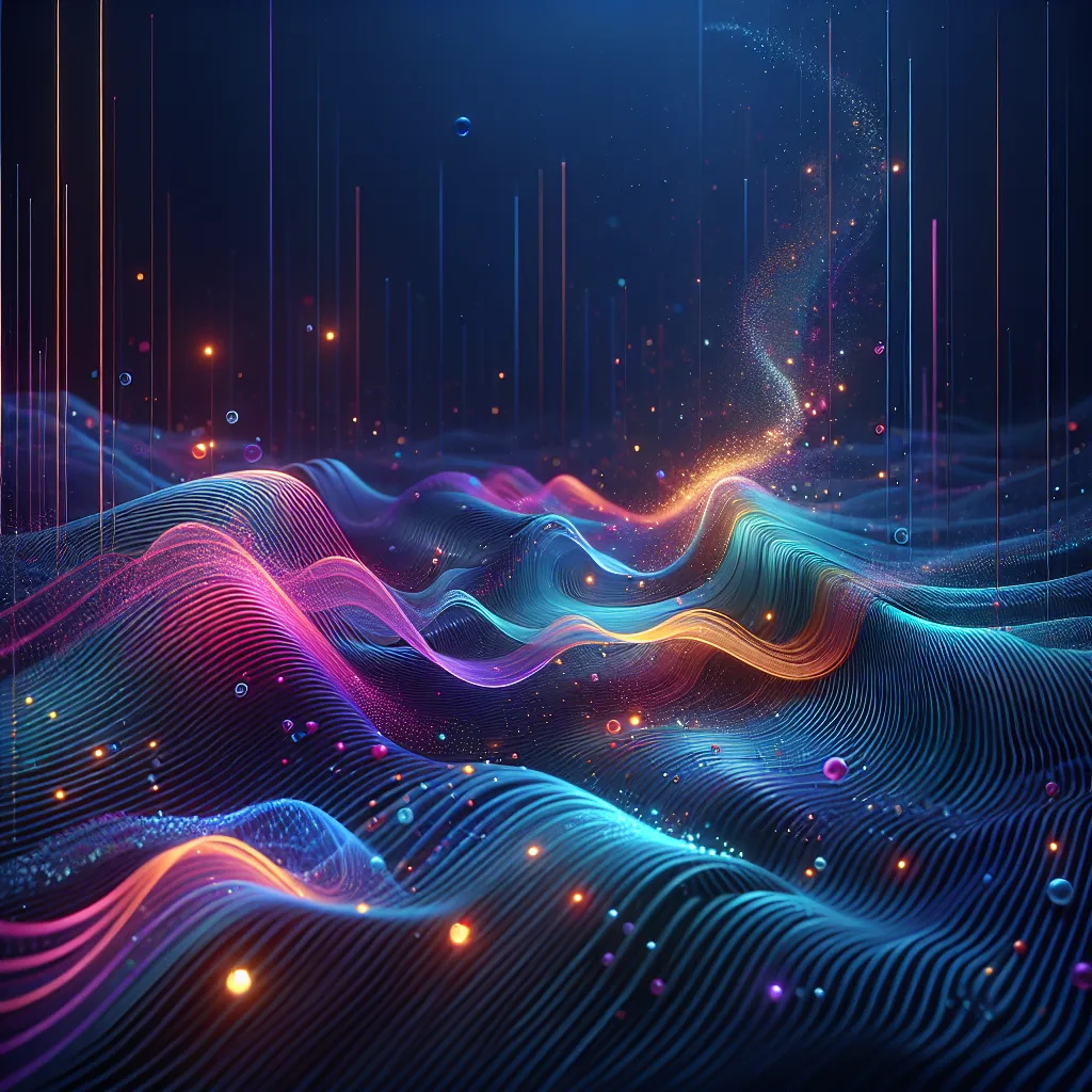 Glowing line-wave landscape with floating colored particles at night
