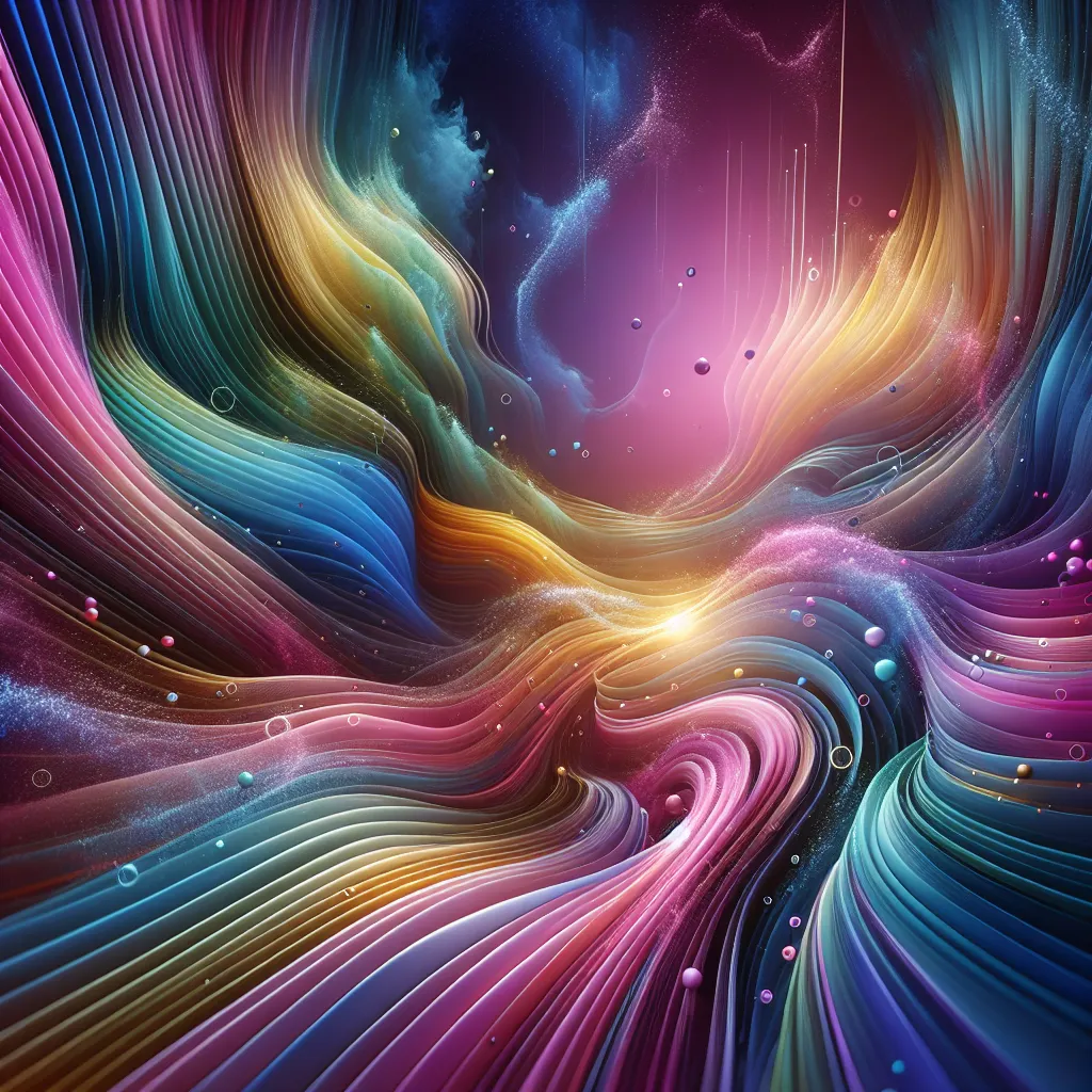 Rainbow ribbon swirls with floating particles in a cosmic scene