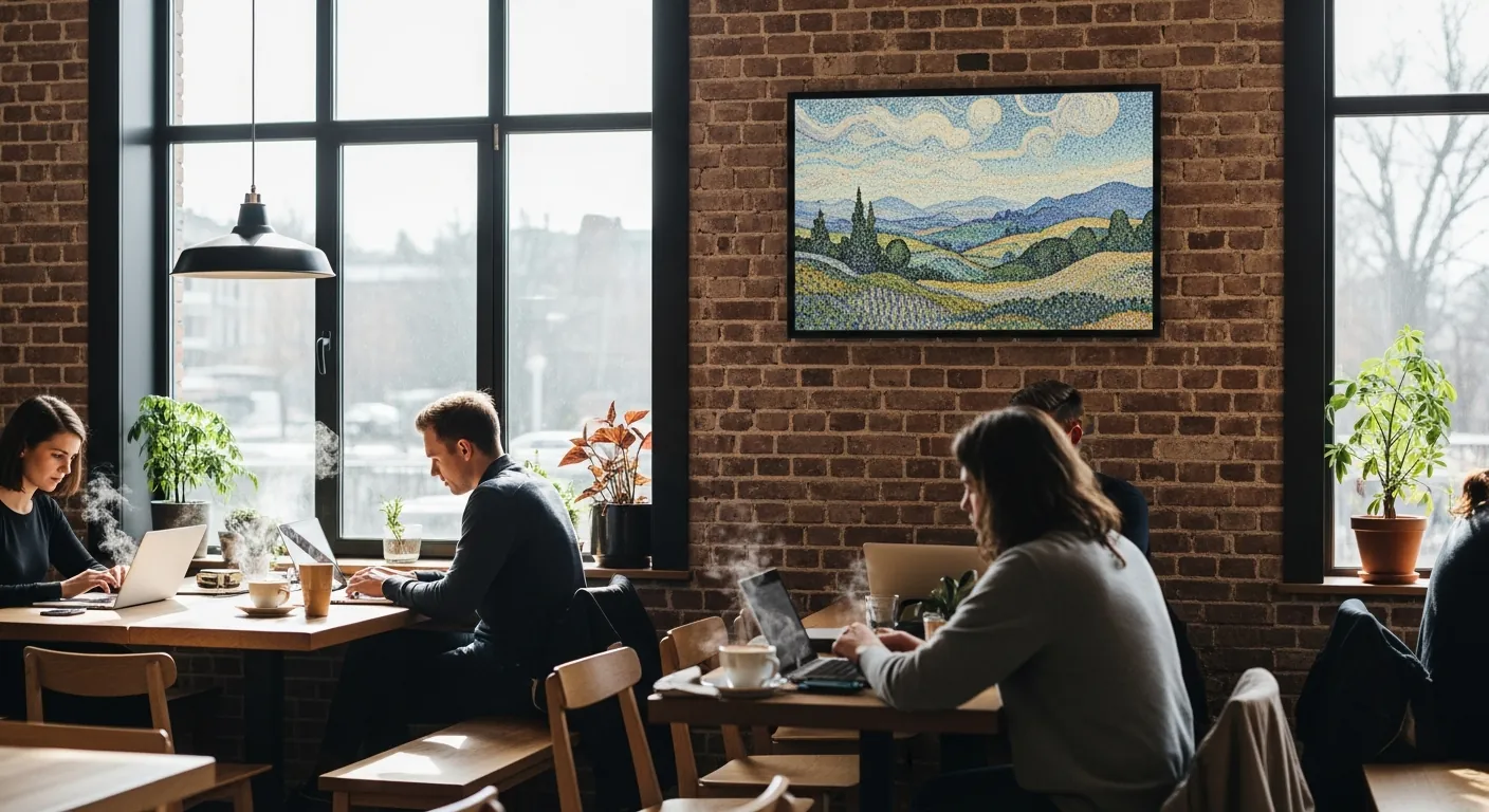 Coffee shop laptop workers with a pointillist landscape framed on the brick wall
