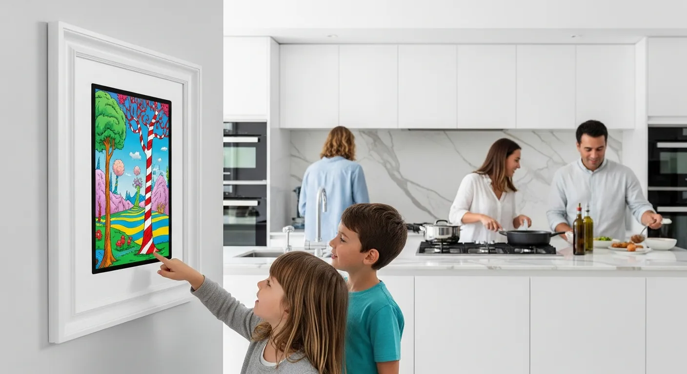 Kids admiring framed digital art in a bright family kitchen