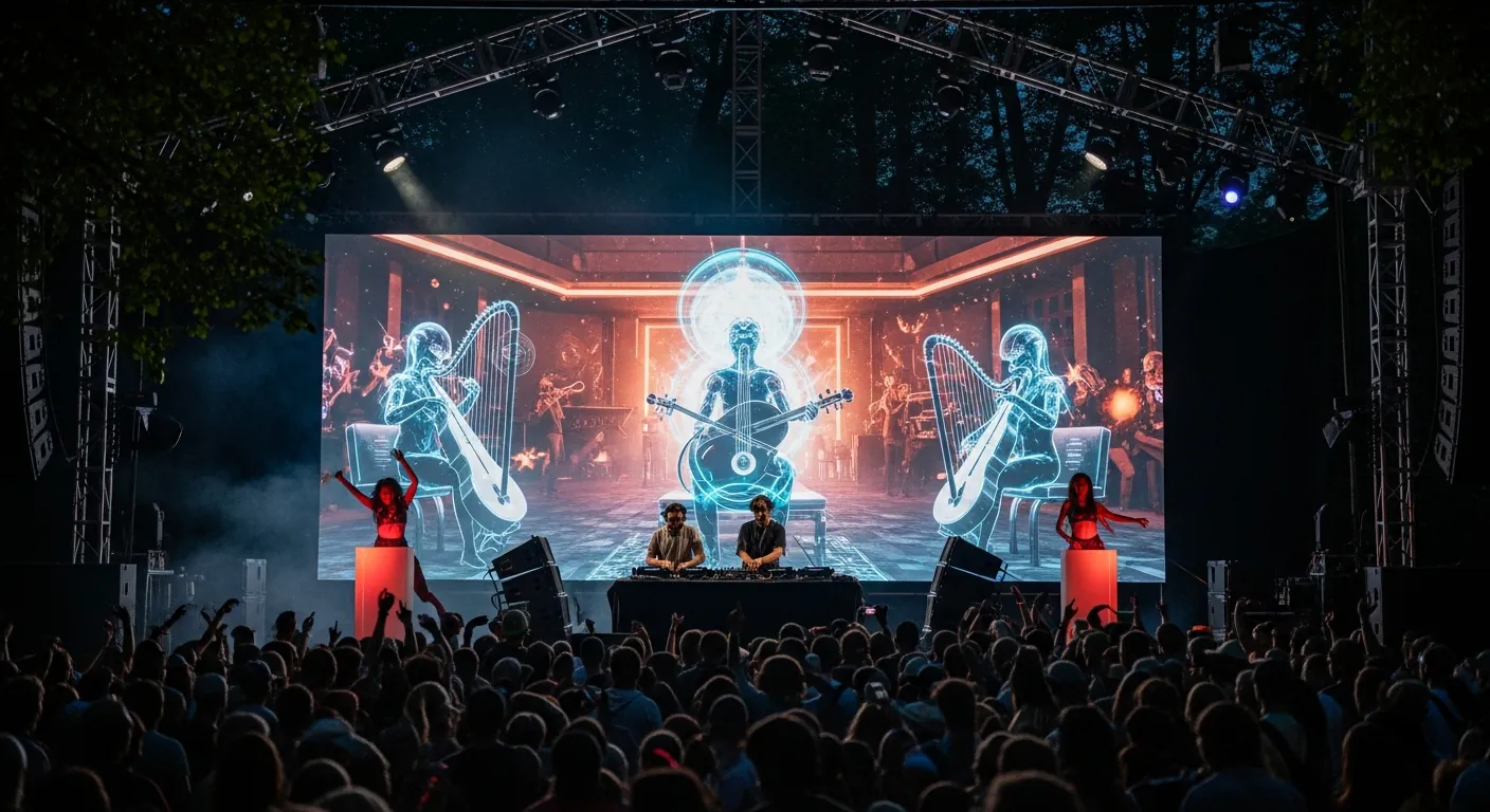 Outdoor forest stage with reactive figures on a massive LED wall above a dancing crowd