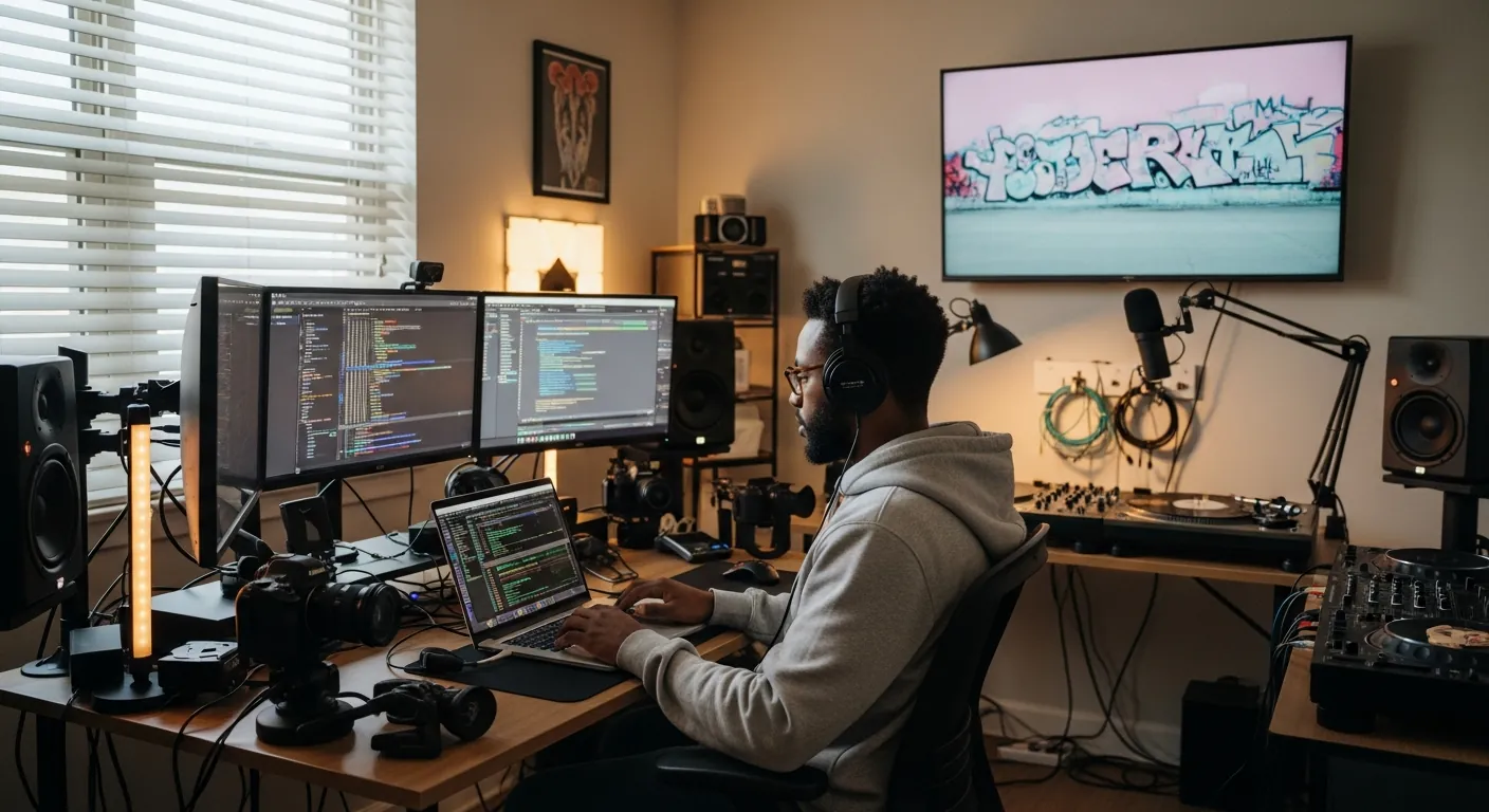 Music producer at a multi-monitor desk with graffiti art on the back wall